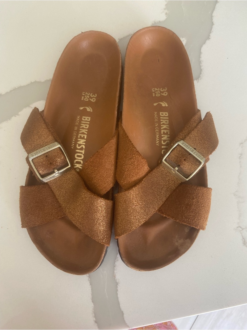 Birkenstock women Metallic Brown Crisscross Suede Sandals